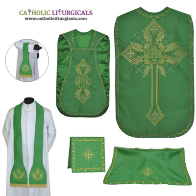 Green Roman Chasuble Fiddleback Vestment and 5pcs mass set IHS embroidery NEW