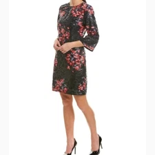 TRINA TURK Black Red Pink Floral Sequin Perforated Sheer 3/4 Sleeve Dress 2 = XS