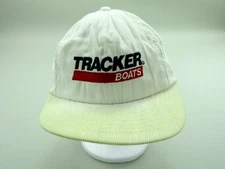 VINTAGE Tracker Boats Hat Corduroy Adjustable Strap White Spell Out Cap 90s