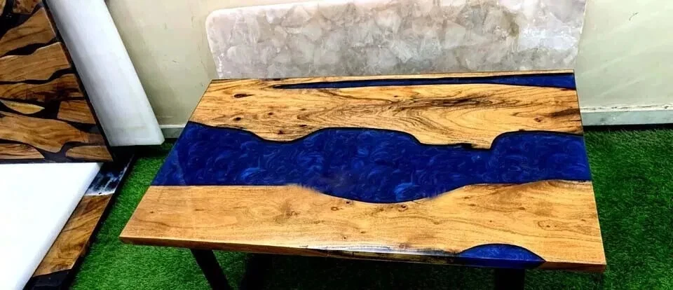 Blue Solid Epoxy Resin Dining Table Top Handmade Furniture Console Bar Desk Deco - Image 2 of 3
