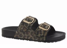 WOMEN Bebe Slippers/Slides Avonlea Crystal TIGER PRINT BLACK W/ GOLD Sz 7 New Bx