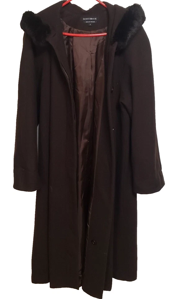 Maxi Vestido Abrigo De Colección Donnybrook Para Mujer Talla 14 Marrón Lana Piel de Conejo Borde Capucha