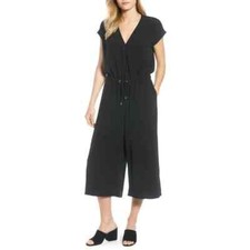EILEEN FISHER Jumpsuit L Tencel Viscose Crepe Surplice Cinched Waist Crop Black