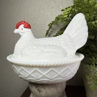 VTG Westmoreland White Milk Glass Hen on Nest Covered Candy Dish Red Comb 7.25”