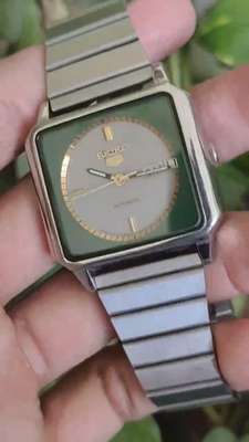 RARE Seiko 5 Gunmetal Grey Dial Emerald TV Screen Automatic Watch