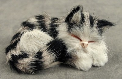Vintage REAL RABBIT FUR SLEEPING TABBY CAT MINIATURE FIGURINE  3.25''