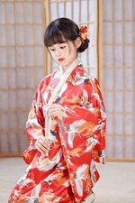 New Japanese Childrens Girls Red with Heaven Cranes Prints Long Kimono Outfit