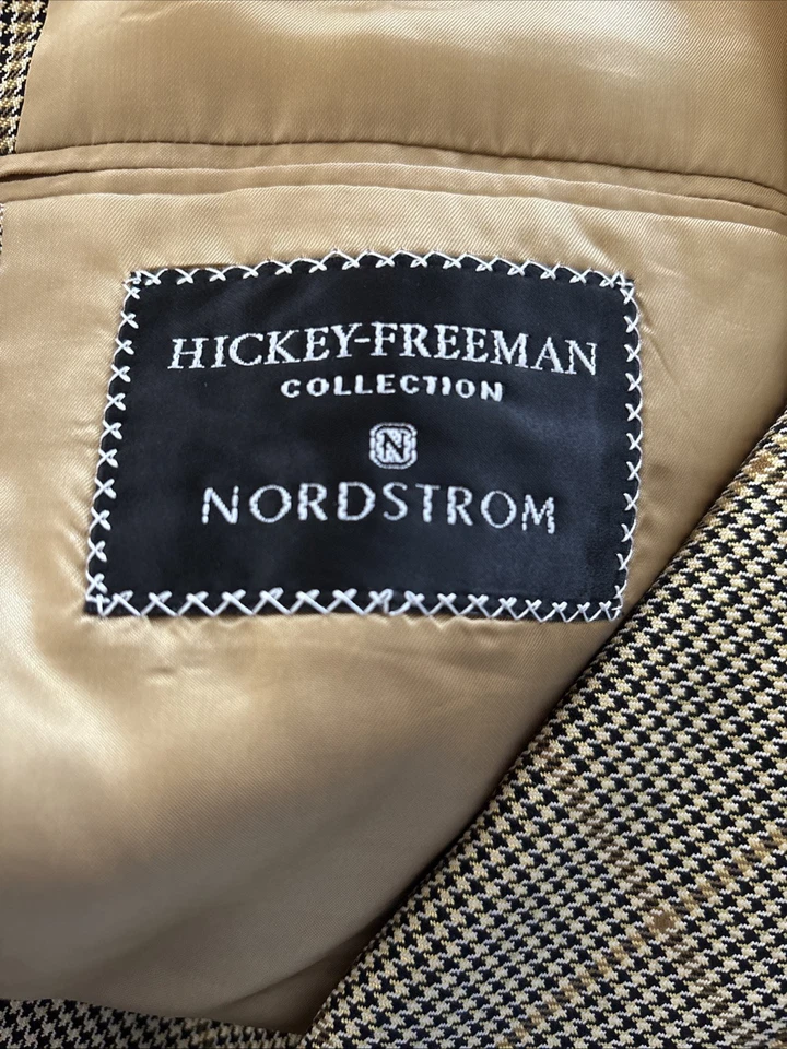 Blazer masculino Hickey Freeman 42 longo marrom Houndstooth casaco de lã de seda com botões - Imagem 2 de 4