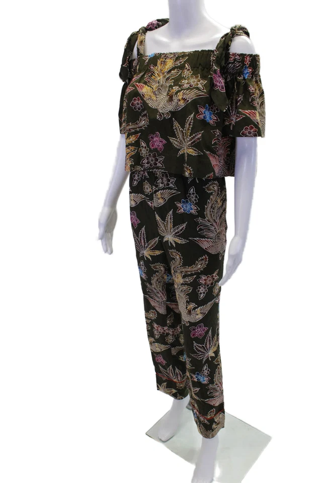 Sandro Mujer Seda Estampado Floral Fuera del Hombro Blusa Pantalón Conjunto Verde Algodón Si Foto 4 de 4
