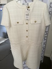 Zara ZW Collection Short Tweed Textured Dress Ecru Size L New With Tags