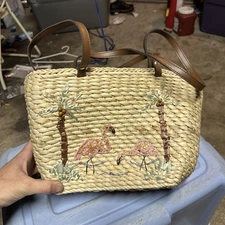 Vintage Capelli Straw Wicker Flamingo Palm Tree Beach Shoulder Bag Purse