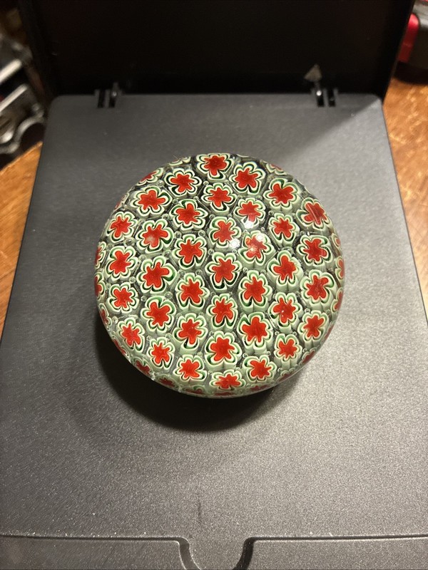 Vintage Millefiori Art Glass 3" Round Paperweight Red  White Murano