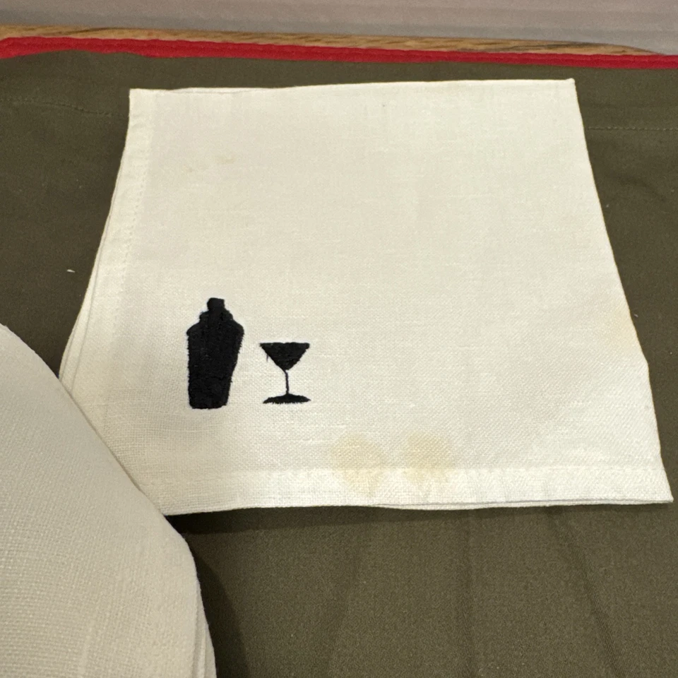 Pottery Barn Cocktail White Lenin Napkins Set 3 Cotton Embroidered Martini Glass - Image 3 of 3