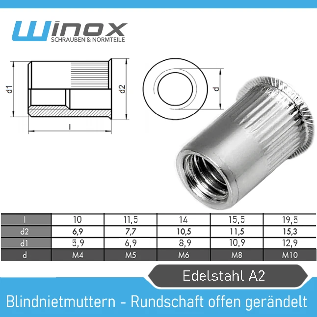 Einnietmuttern Edelstahl A2 V2A Blindnietmuttern Gewindenieten kleiner Senkkopf - Bild 2 von 2