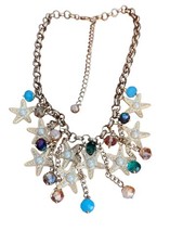 Gold Tone Starfish Charm Necklace Faux Pearl Glass Beads Nautical Beach Vacation