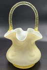 Vintage FENTON Buttery Yellow Cased Glass Feathered Drape Basket 8" tall