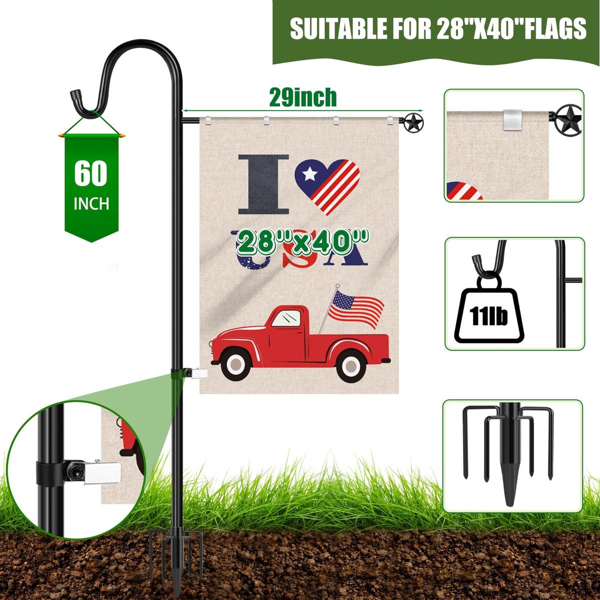 Upgraded Garden Flag Holder Stand with Shepherd Hook for 28'' x 40