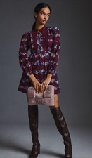 Anthropologie Mini Dress Purple Floral Print Size L 12 to 14 Folk Boho
