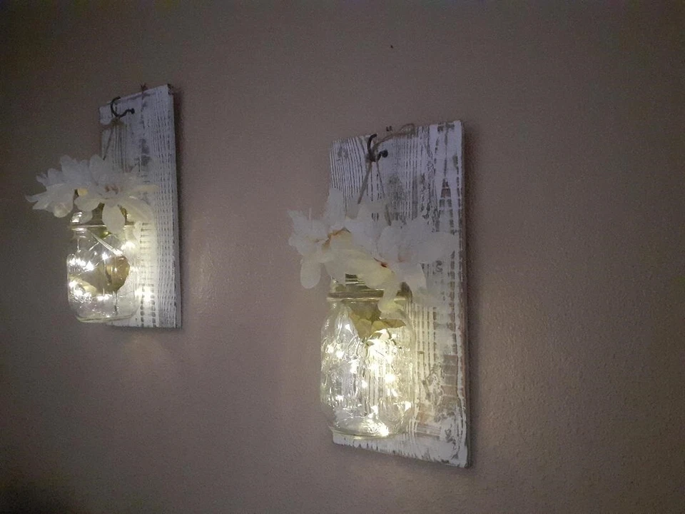 Rustic Hanging Mason Jar Sconce with  Led Fairy lights  - Image 3 of 4