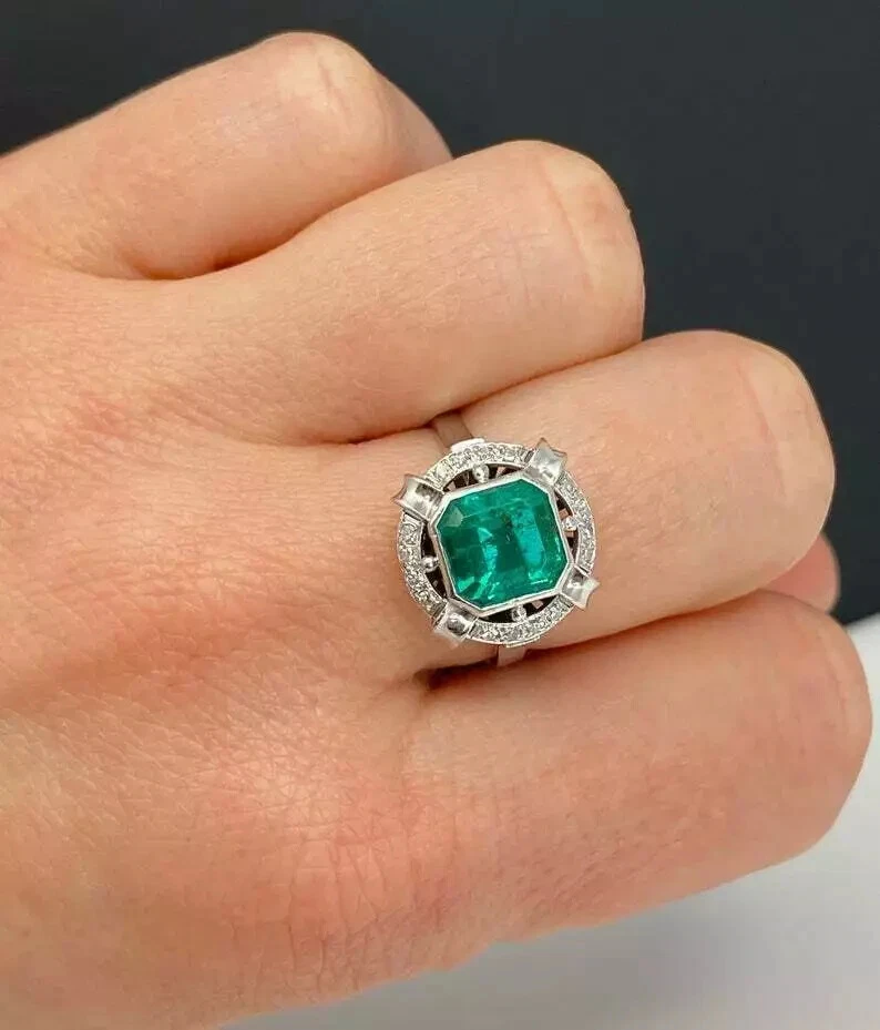 Art Deco Lab 创建翡翠钻石古董礼品戒指 14K 白金饰面 — 第 3/4 张图片