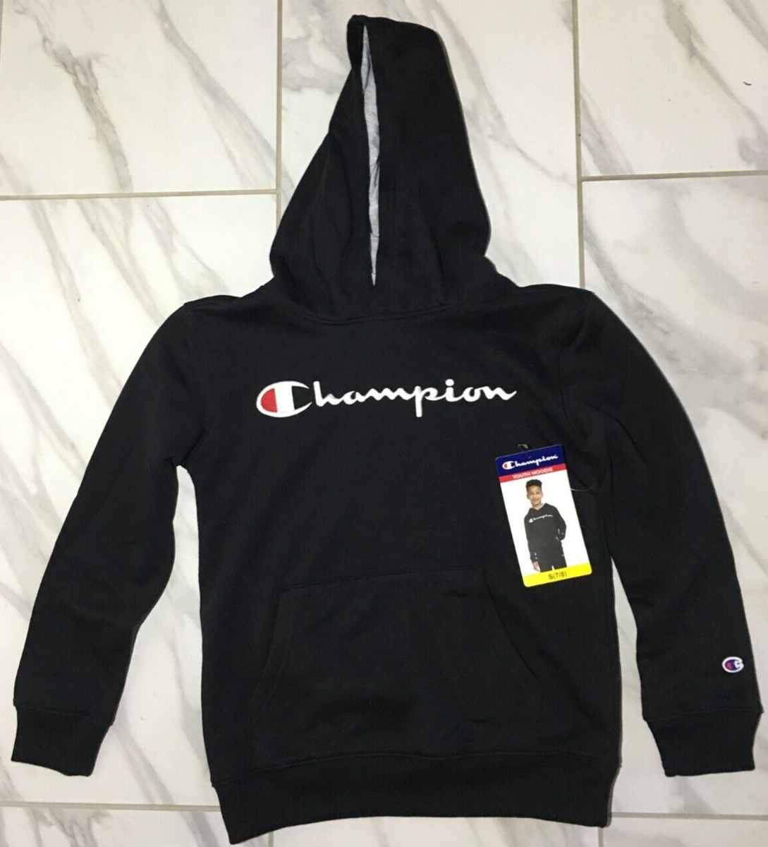 CHAMPION Youth Sweatshirt Hoodie, Size Small(7/8), Pullover, Black