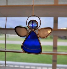       Vtg Angel Stained Glass Sun Catcher Hand Made Leaded Glass 2.75" EUC Gift