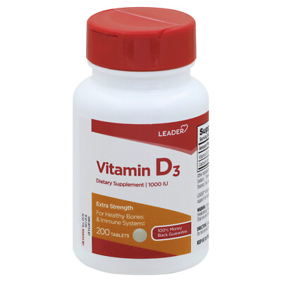 Leader Vitamin D3 1000 IU Extra Strength Tablets Support Healthy Bones 200 Count