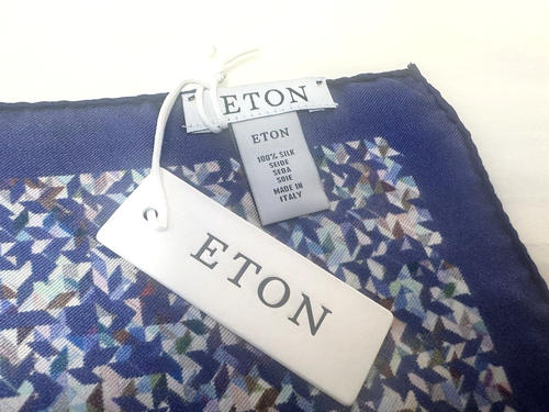 NEW! Eton navy blue silk pocket square with multicoloured geometric pattern - Picture 7 of 9