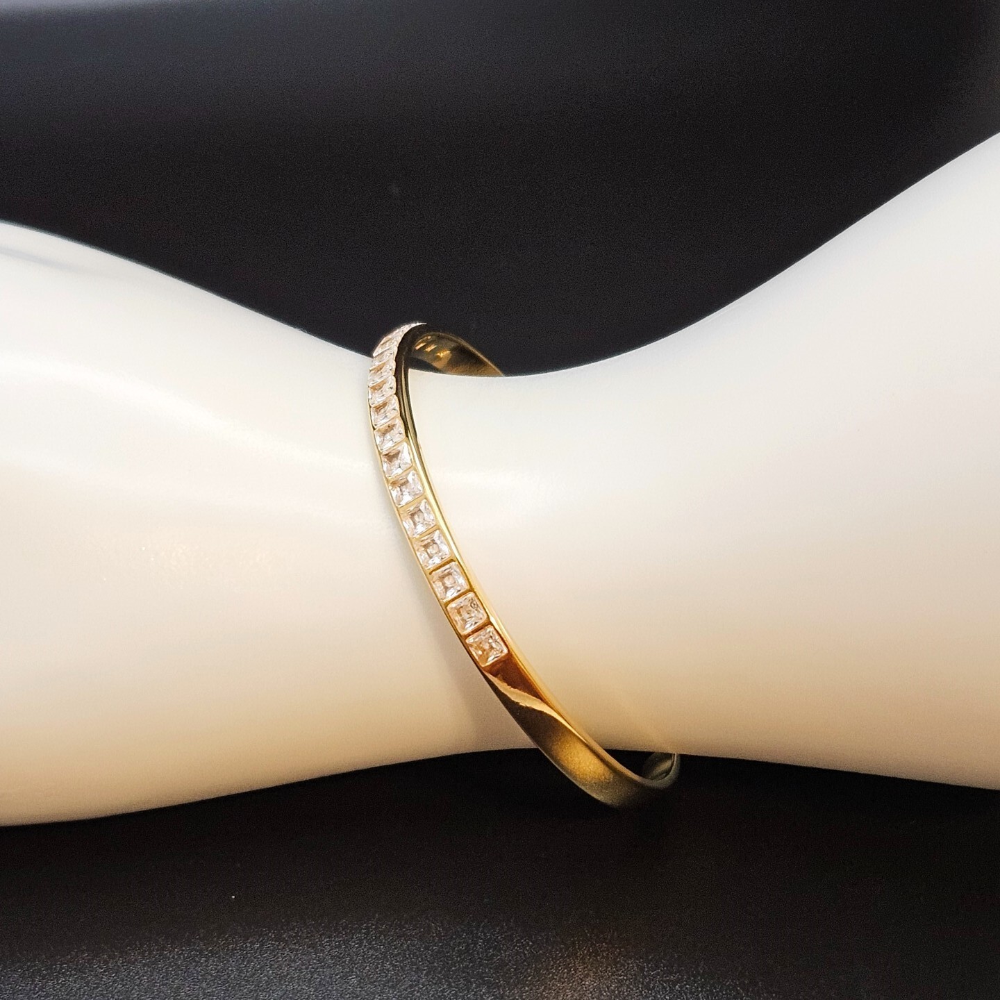 18K Gold Plated Cuff Bangle with Cubic Zirconia Accent, Stainless Steel