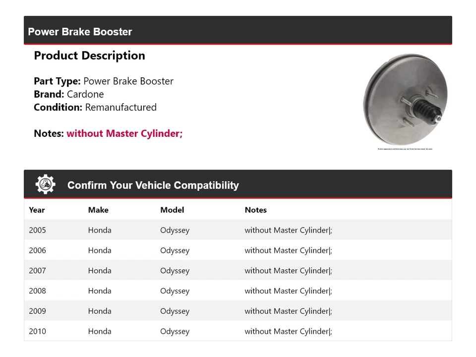 Para Honda Odyssey 2005-2010 Power Brake Booster Cardone 2006 2007 2008 2009 Foto 2 de 4
