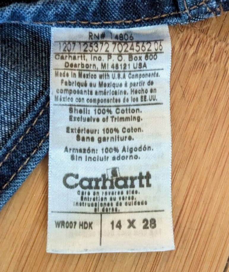 Carhartt Bib Overalls Blue Denim 14 x 28 Excellent Condition RN 14806