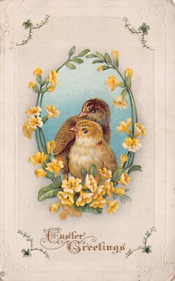 Easter Greeting 2 Young Chicks In Primrose Wreath 1914 Cancel Vtg Postcard CP368