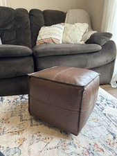 WyndenHall Wendal Square Pouf Distressed Brown: Modern Faux Leather Upholstered,