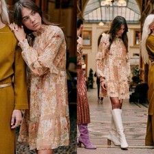 NWT! Sezane Estel Dress Patchwork Camel Romantic Feminine Boho EU 46/ US size 14