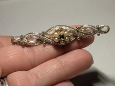 Vtg Emmons Faux Pearl Rhinestone Silvertone Bar Brooch Pin -2.25” -Signed -1960s