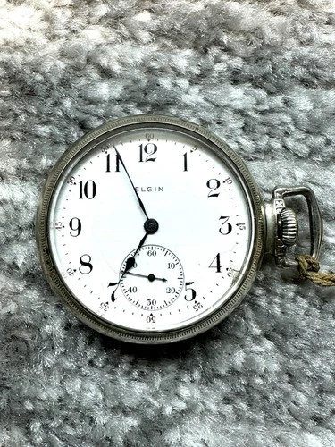 Antique Elgin Silver Tone Open Face Pocket Watch Side Winder Vintage