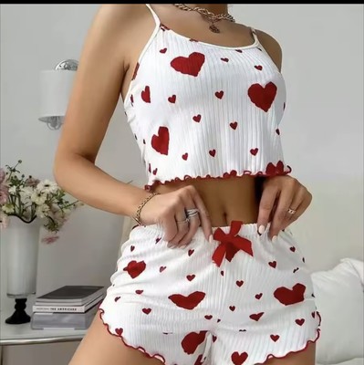 Damen Sommer Schlafanzug, atmungsaktiv, weich, lässig Design Liebesdruck,...