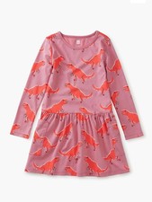 Tea Collection Long Sleeve Pocket Dress Stomping Dino in Pink size 7