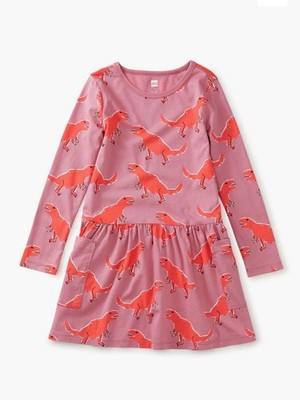 Tea Collection Long Sleeve Pocket Dress Stomping Dino in Pink size 7