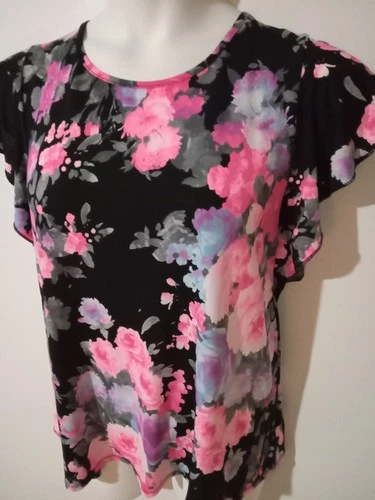 Womens Large Top Bold Black Pink Floral Summer Short Ruffle Sleeve Lightweight 