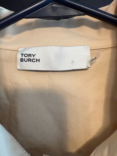 Tory Burch Gold Snap Poplin Camp Shirt Size 8 Khaki Short Sleeves Boxy Preppy - Picture 3 of 10
