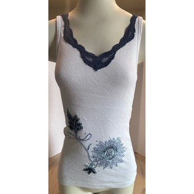 Cache Womens White Ribbed Cotton Tank Top Blue Floral Lace Trim USA Made Medium