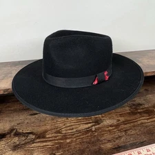 Capas Black Wool Hat Red Feather Wide Brim Fedora Large