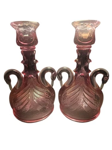 VTG set of 2 Fenton Cranberry Glass Swan Pink Rose Color Candle