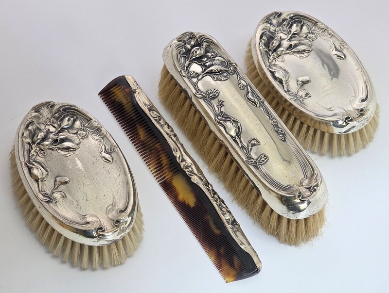 Antique 4 Piece High Relief Art Nouveau Sterling Silver Brush Set & Comb