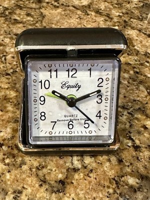 Equity 20080 Quartz Travel Alarm Clock Silver Trim Black Folding Case AA - EXCLT