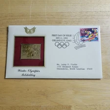 Winter Olympics Bobsledding 22kt Gold Replica Stamp 1st Day Issue w/card