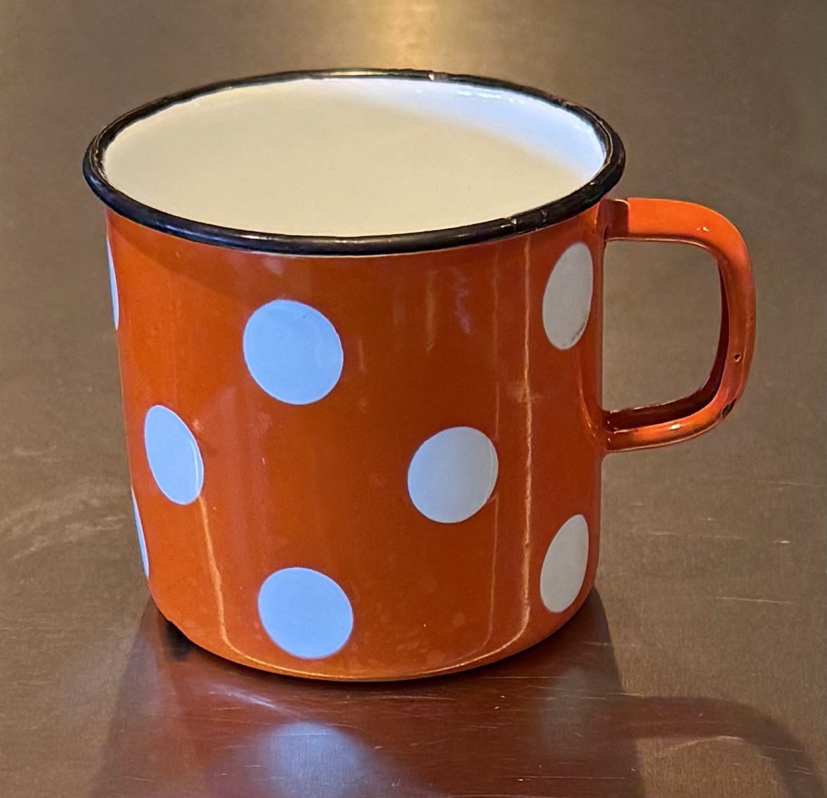 Vintage Orange, Black, & White Polka Dot Enamelware Mug