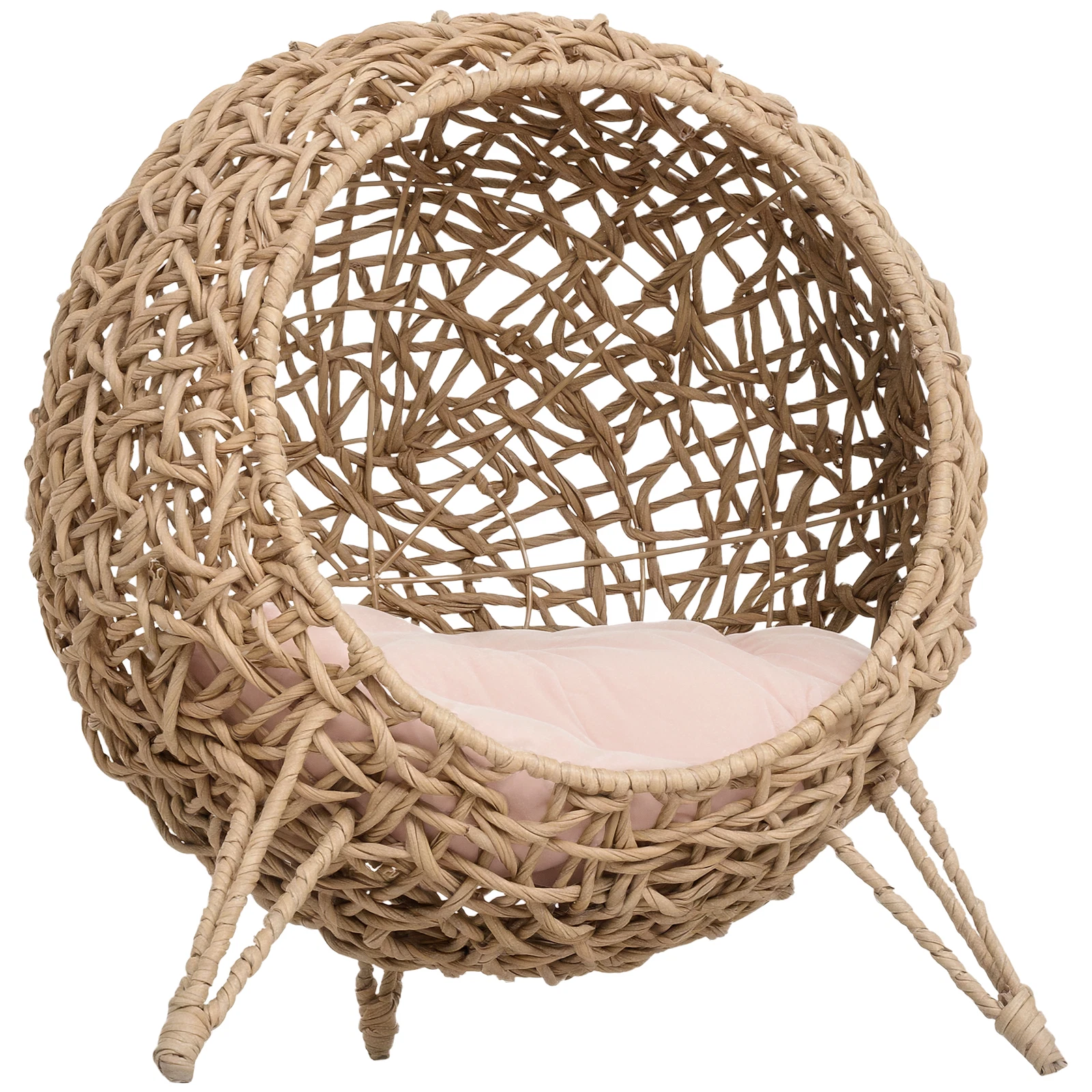 PawHut Rattan Elevated Cat House Kitten Bed Pet Furniture w/ Cushion Natural