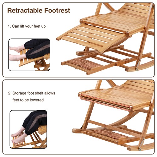 Foldable Rocking Chair Bamboo Arm Chair Indoor Outdoor Balcony Footrest Headrest - Picture 11 of 12